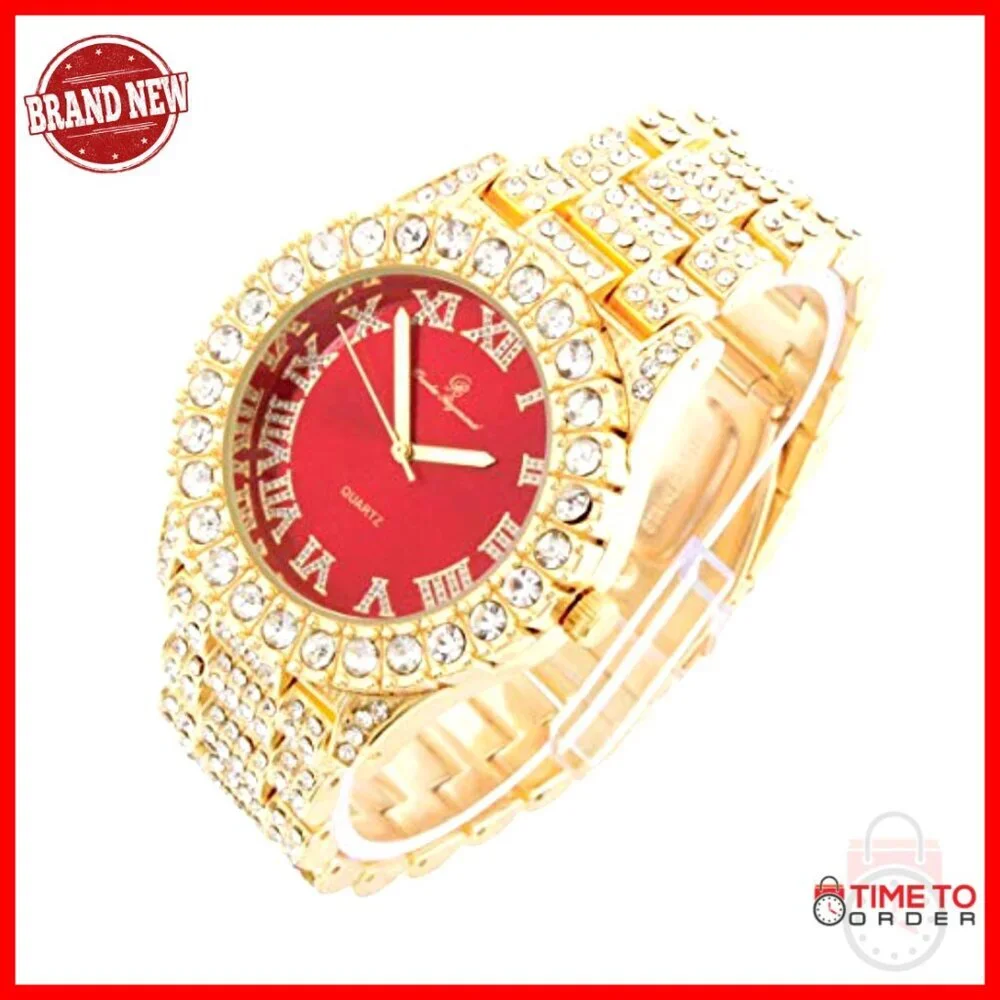 Men's Gold Tone Watch Set with Simulated Diamonds and Cuban Chain Bracelet
